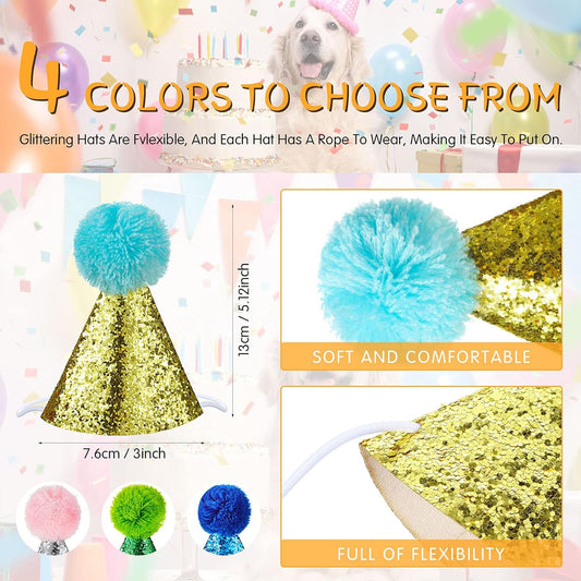  🎉🐾 4 Sparkly Pet Birthday Hats – Glitter Cone with Pom Pom 🎂✨