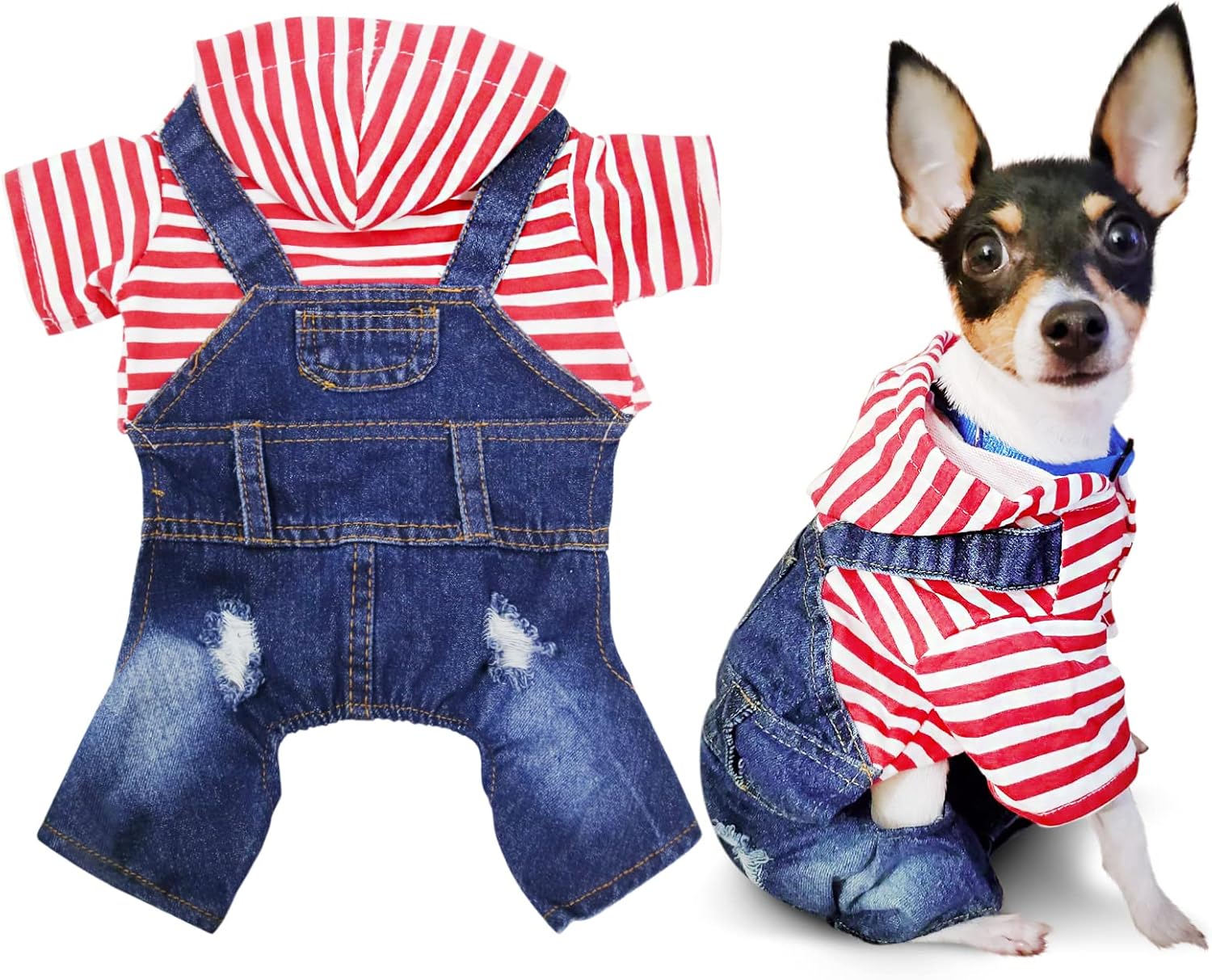 Pet Denim Jumpsuit Dog Overalls Jeans Hoodie Cool Blue Coat for Small & Medium Dogs – Classic Vintage Washed Jacket Puppy Vest