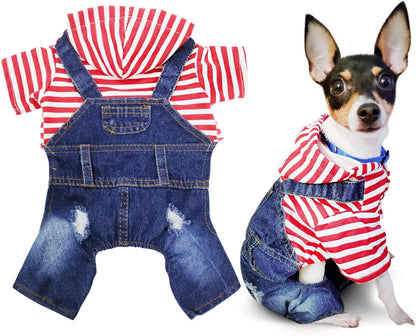 Pet Denim Jumpsuit Dog Overalls Jeans Hoodie Cool Blue Coat for Small & Medium Dogs – Classic Vintage Washed Jacket Puppy Vest