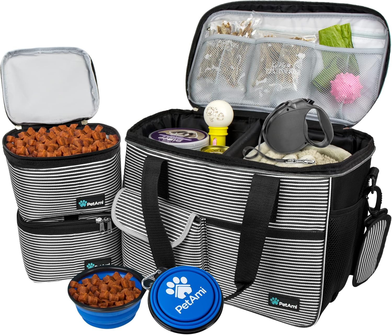 Dog Travel Bag Organizer – Pet Travel Set with Food Container & Bowls, Weekend Camping Supplies