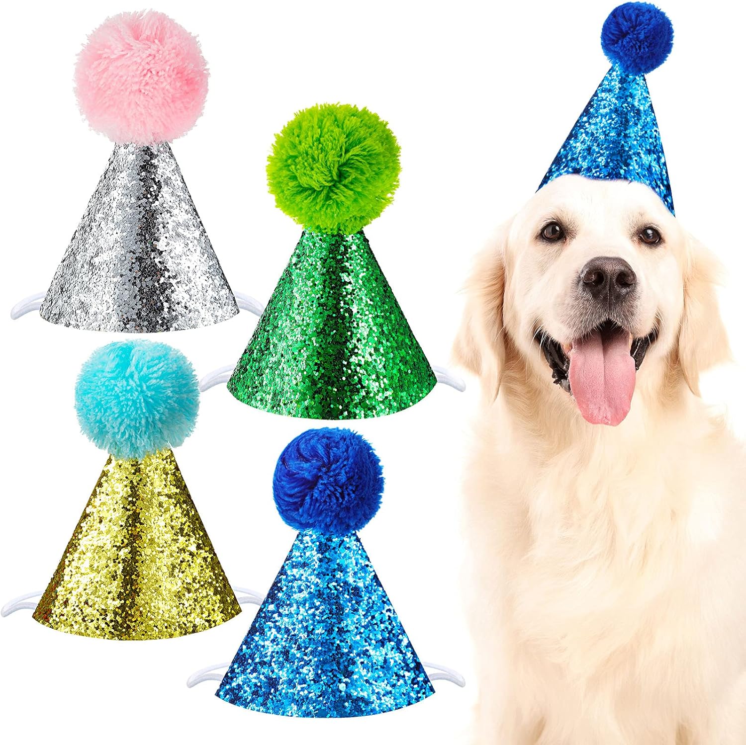  🎉🐾 4 Sparkly Pet Birthday Hats – Glitter Cone with Pom Pom 🎂✨