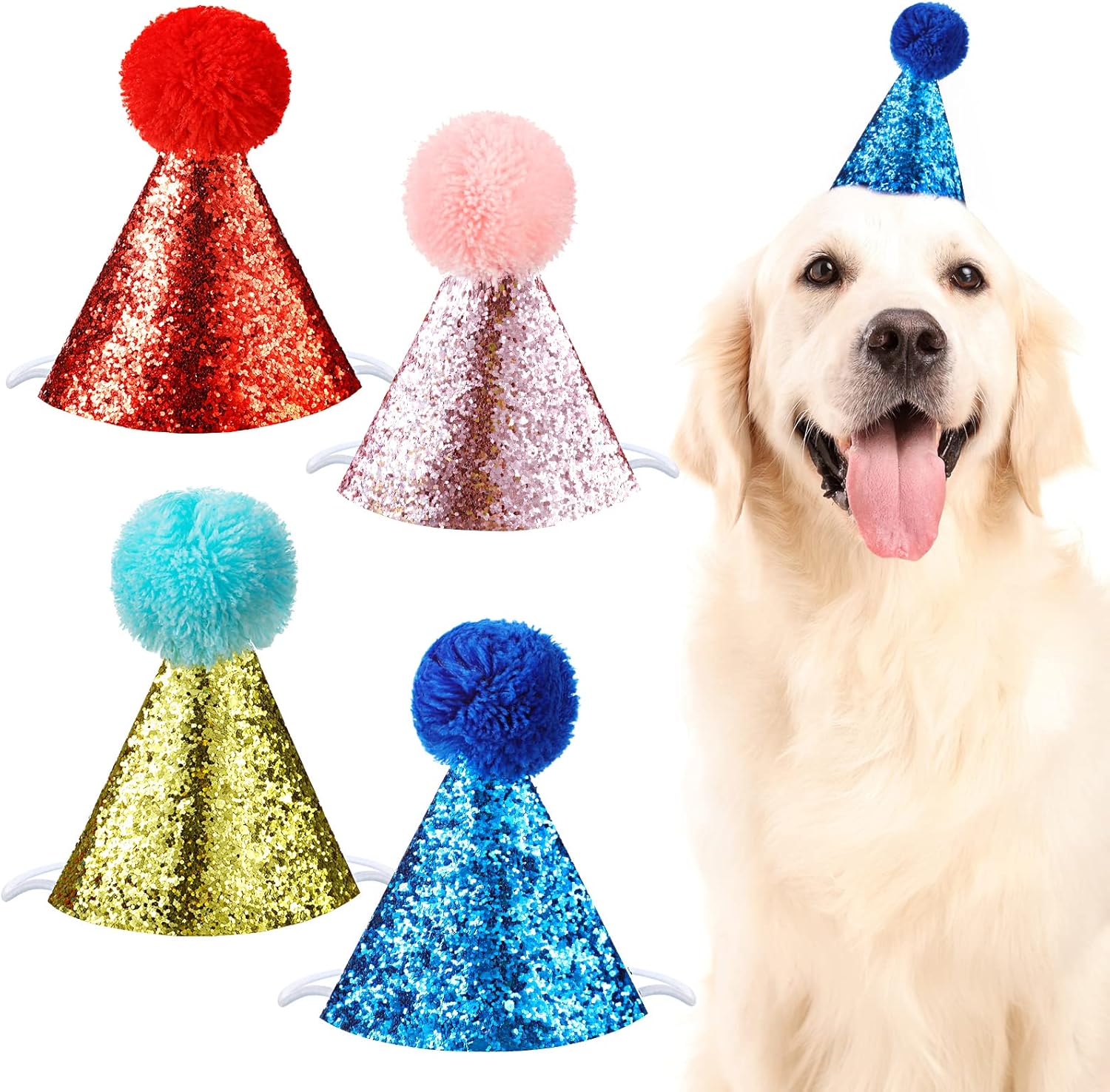  🎉🐾 4 Sparkly Pet Birthday Hats – Glitter Cone with Pom Pom 🎂✨