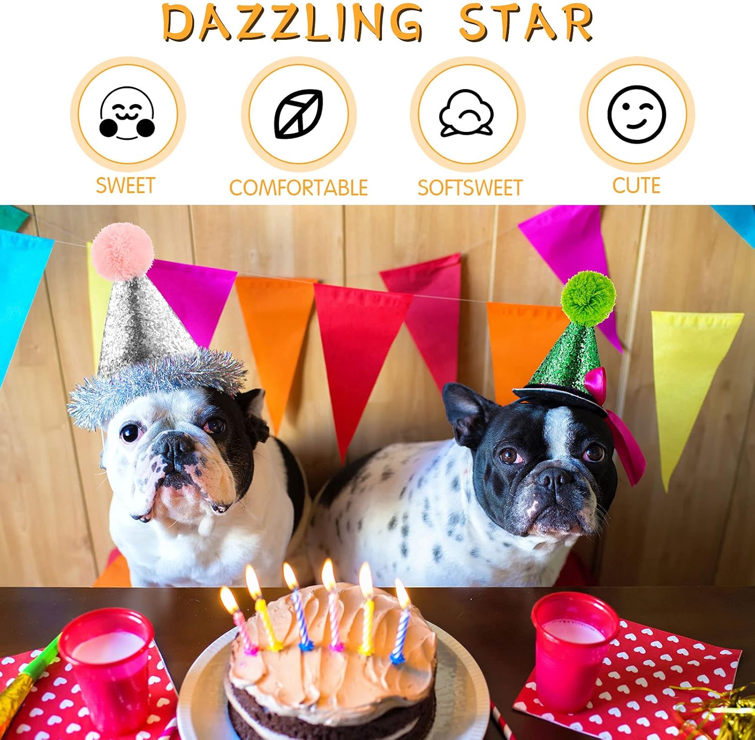  🎉🐾 4 Sparkly Pet Birthday Hats – Glitter Cone with Pom Pom 🎂✨