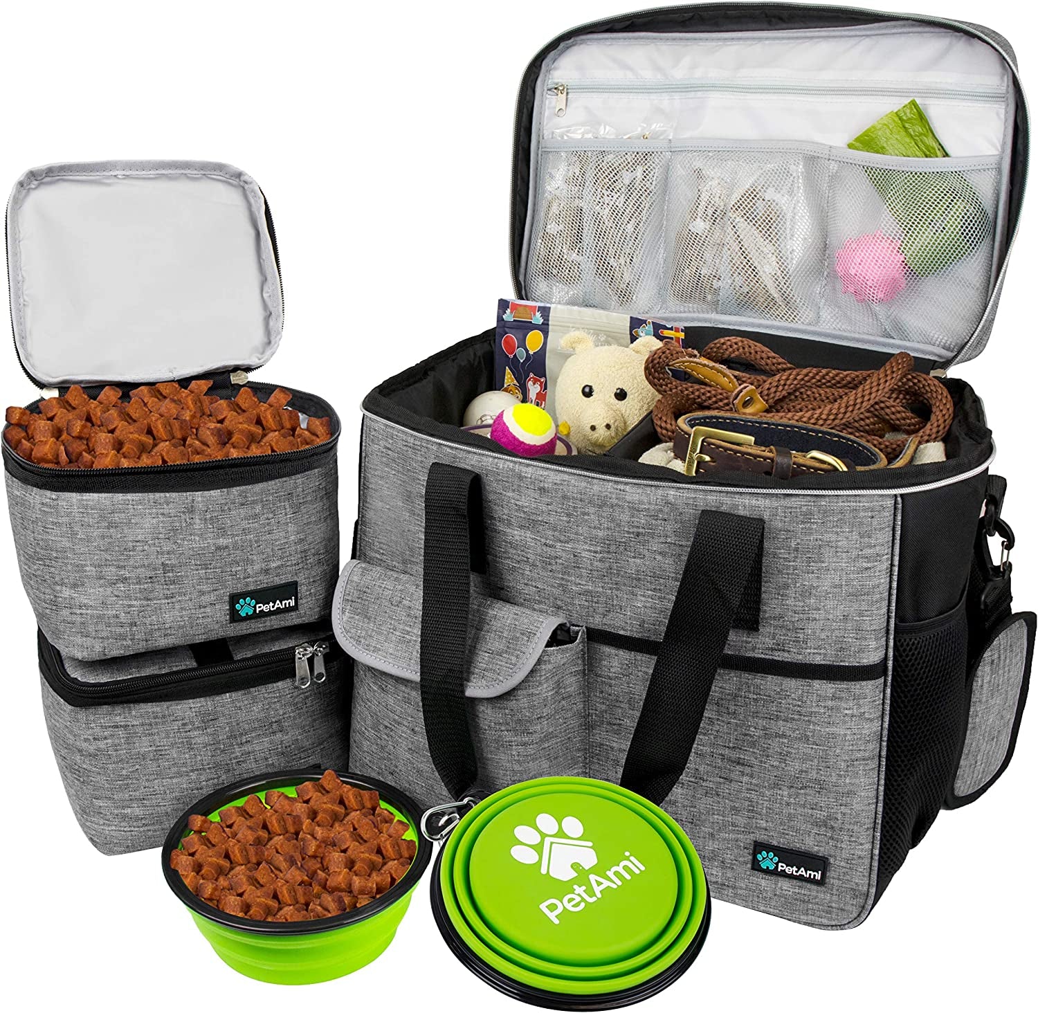 Dog Travel Bag Organizer – Pet Travel Set with Food Container & Bowls, Weekend Camping Supplies
