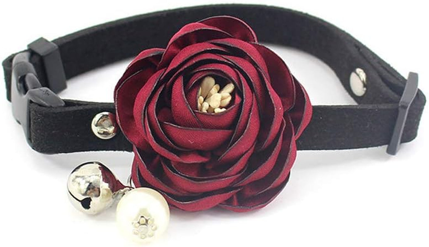 Peony Flower Pet Collar Bow Tie with Bell & Pearl – Handmade Suede Cat Dog Necklace