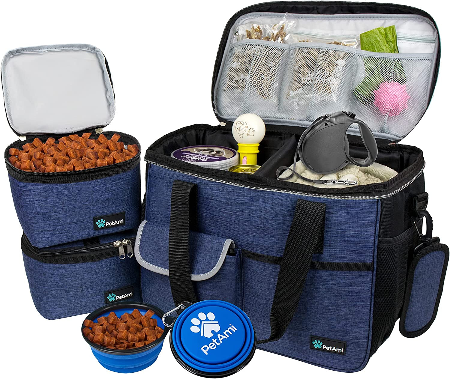 Dog Travel Bag Organizer – Pet Travel Set with Food Container & Bowls, Weekend Camping Supplies