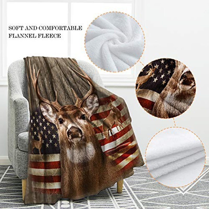 Jekeno Blanket US Flag with Deer Forest Soft Warm Print Throw Blanket Adults