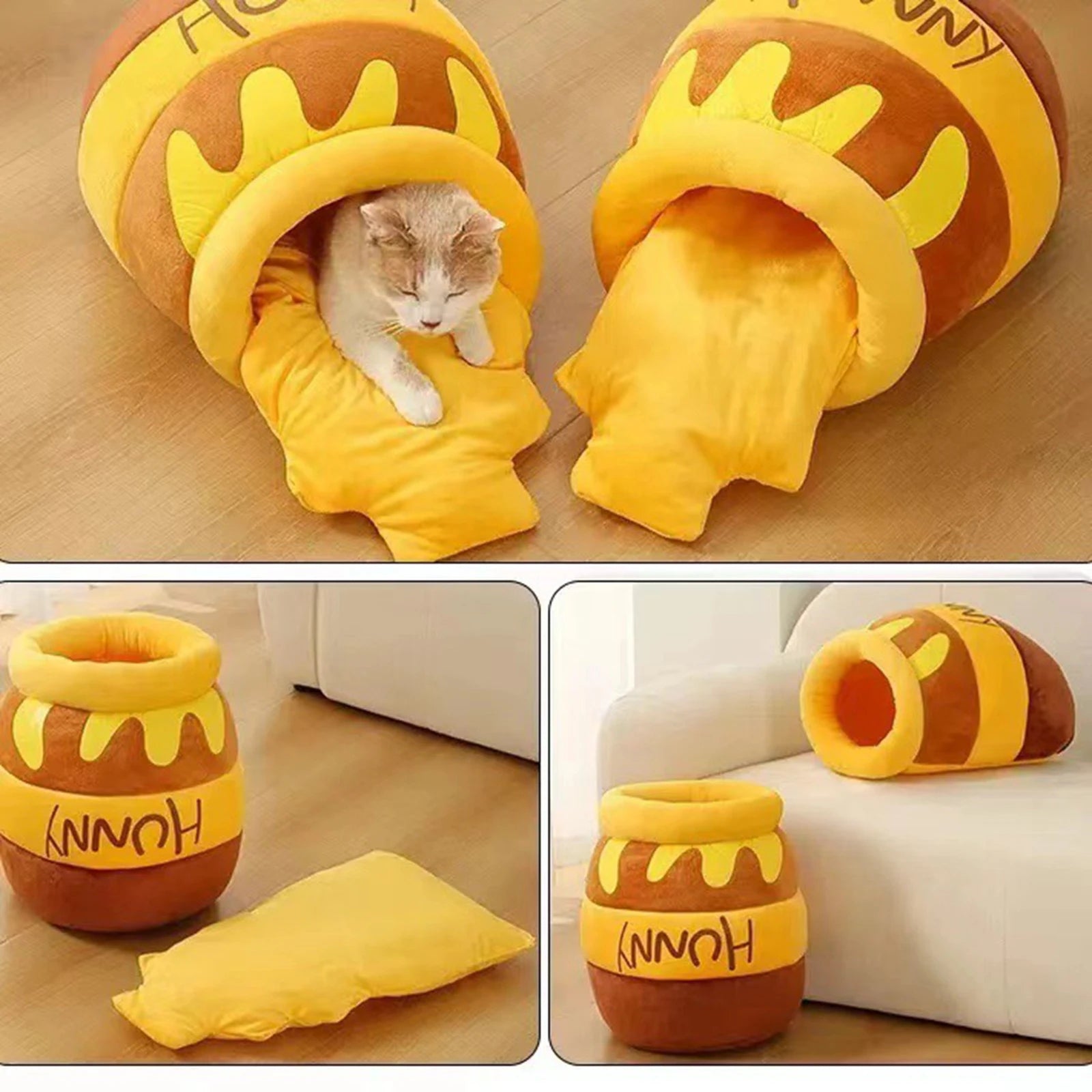 Honey Pot Cat Cave Bed – Cozy Cartoon Hideaway for Cats & Small Dogs