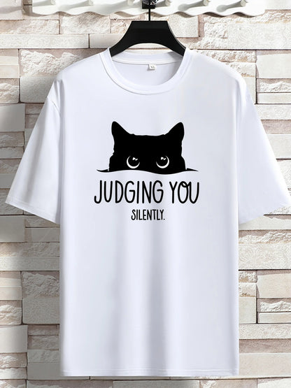 "Judging You Silently” Cat Print Loose T-Shirt