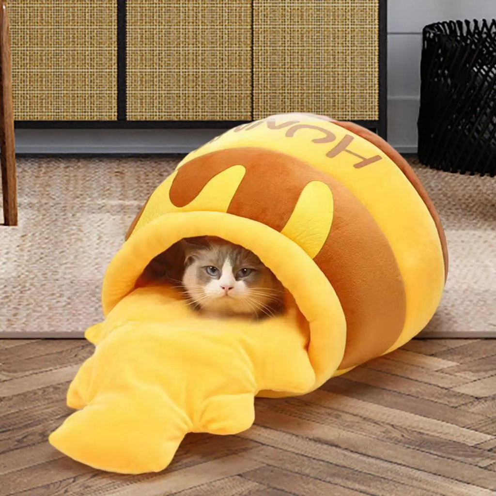 Honey Pot Cat Cave Bed – Cozy Cartoon Hideaway for Cats & Small Dogs