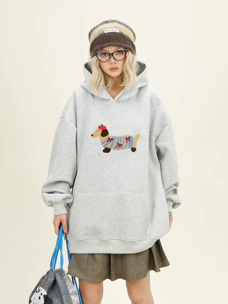 Cartoon Dog Embroidery Hooded Pullover 