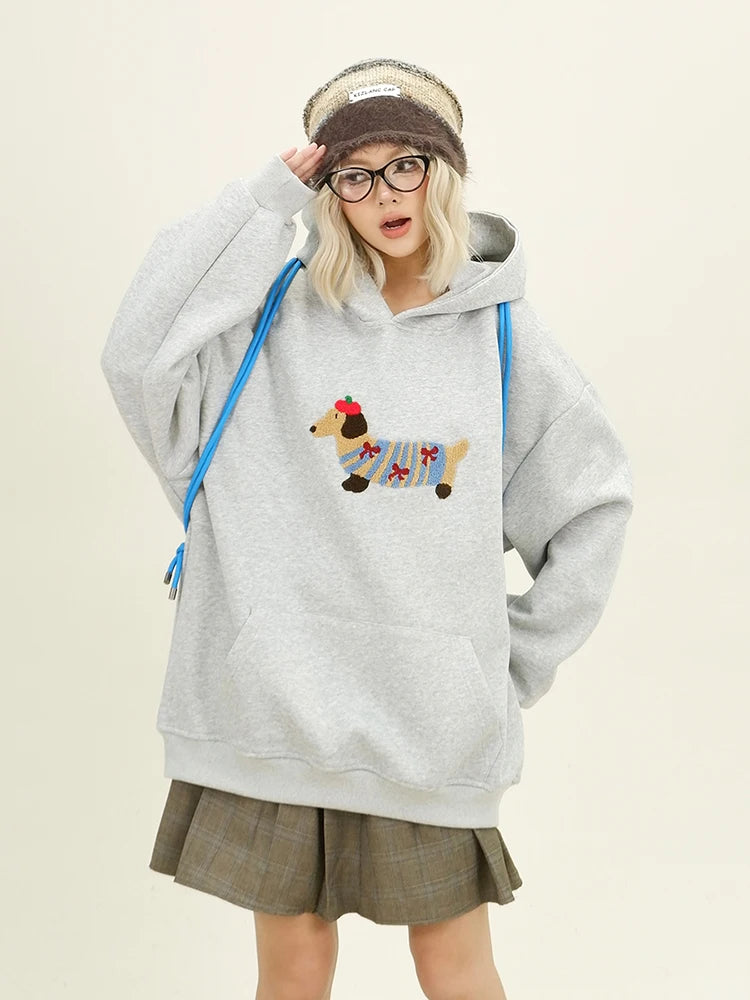 Cartoon Dog Embroidery Hooded Pullover 
