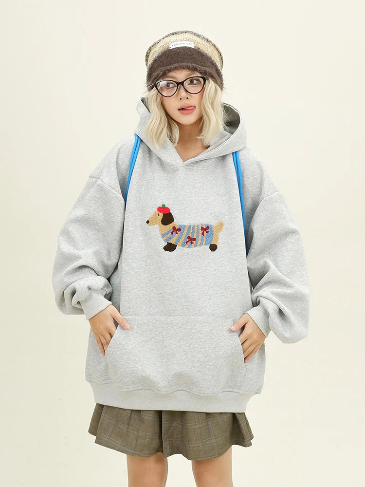 Cartoon Dog Embroidery Hooded Pullover 