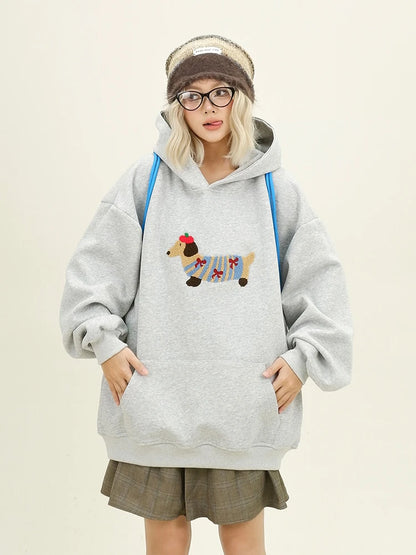 Cartoon Dog Embroidery Hooded Pullover 