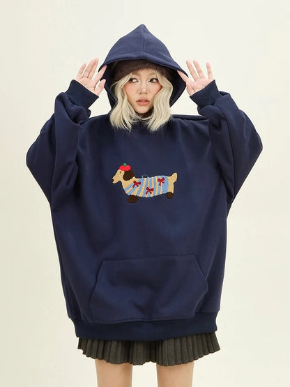 Cartoon Dog Embroidery Hooded Pullover 