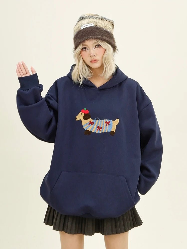Cartoon Dog Embroidery Hooded Pullover 