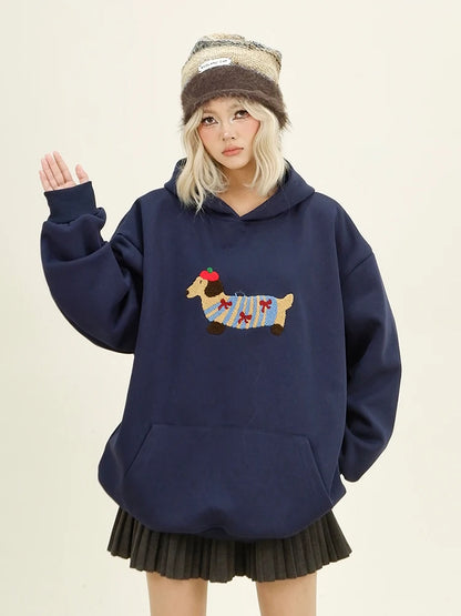 Cartoon Dog Embroidery Hooded Pullover 
