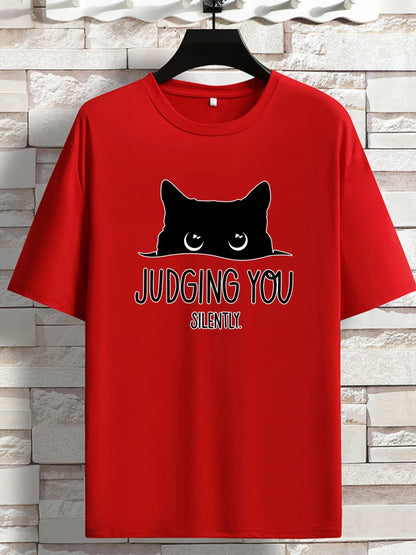 "Judging You Silently” Cat Print Loose T-Shirt