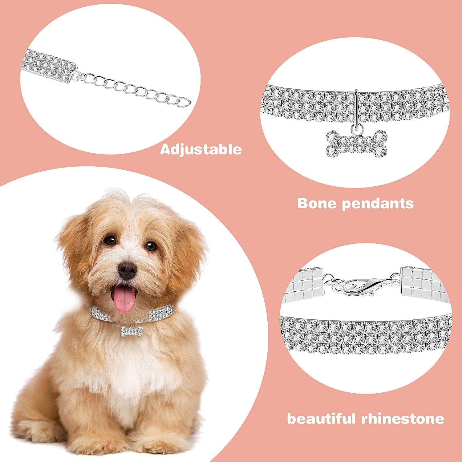 3Pcs Bling Rhinestone Pet Collars – Adjustable Crystal Cat & Dog Collars with Glitter Pendant (White)