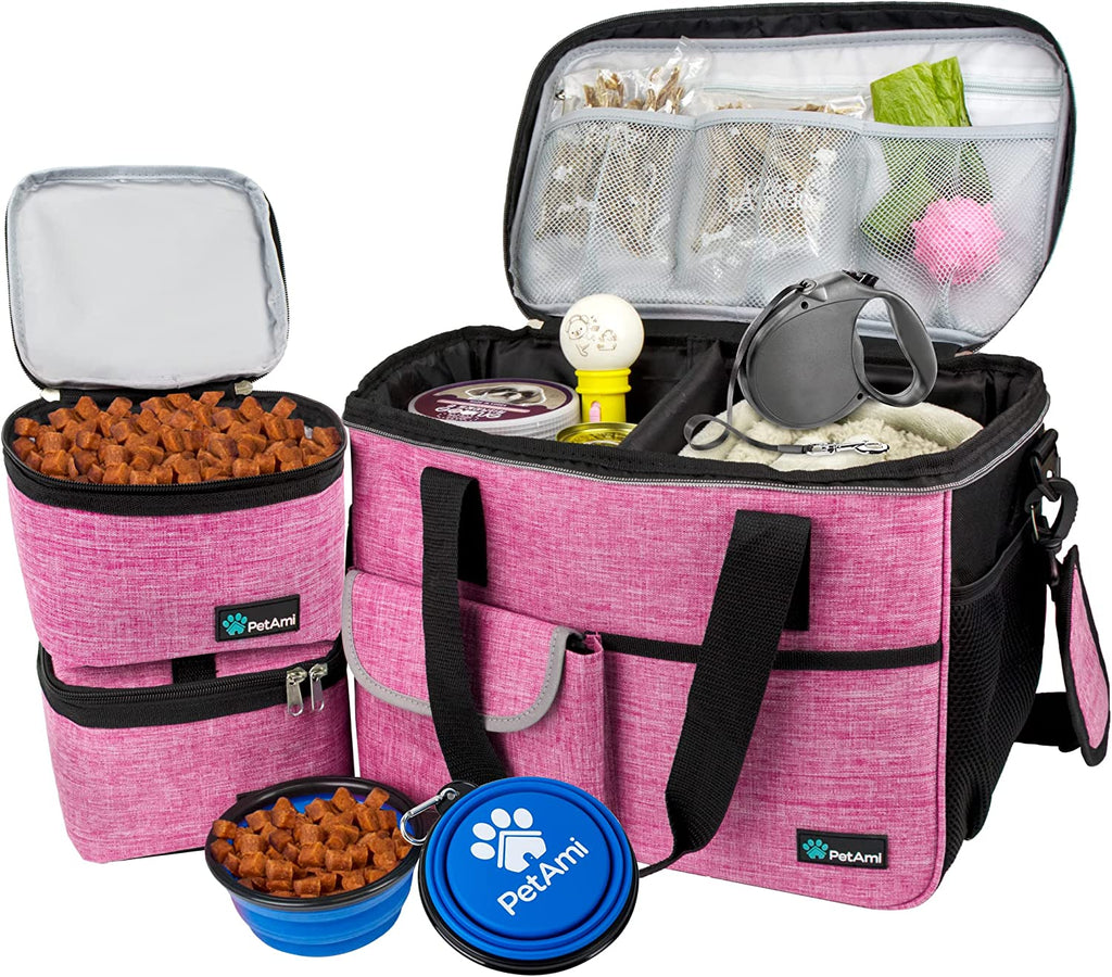 Dog Travel Bag Organizer – Pet Travel Set with Food Container & Bowls, Weekend Camping Supplies