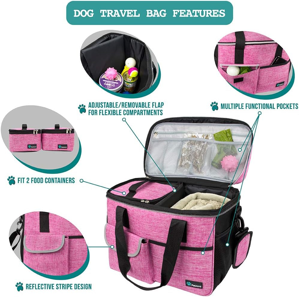 Dog Travel Bag Organizer – Pet Travel Set with Food Container & Bowls, Weekend Camping Supplies