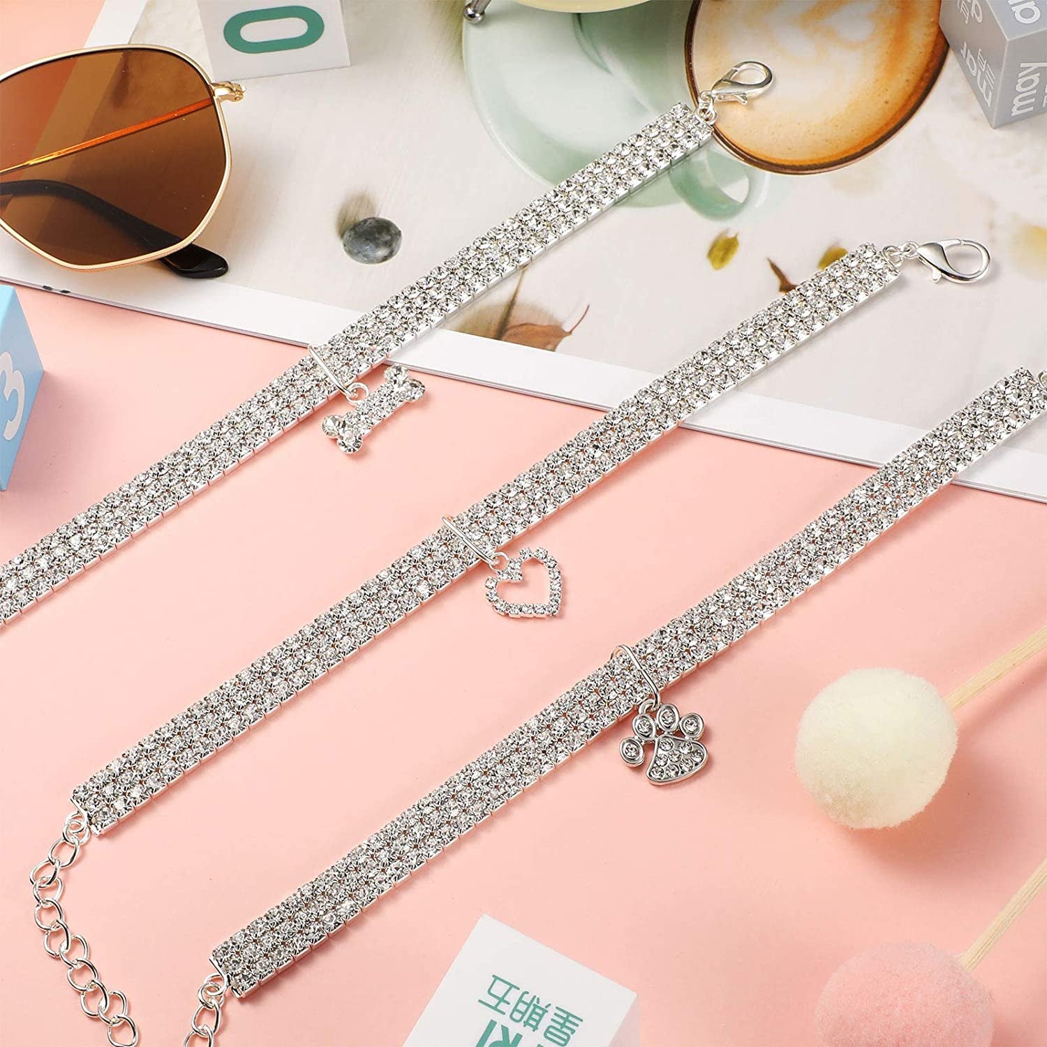 3Pcs Bling Rhinestone Pet Collars – Adjustable Crystal Cat & Dog Collars with Glitter Pendant (White)