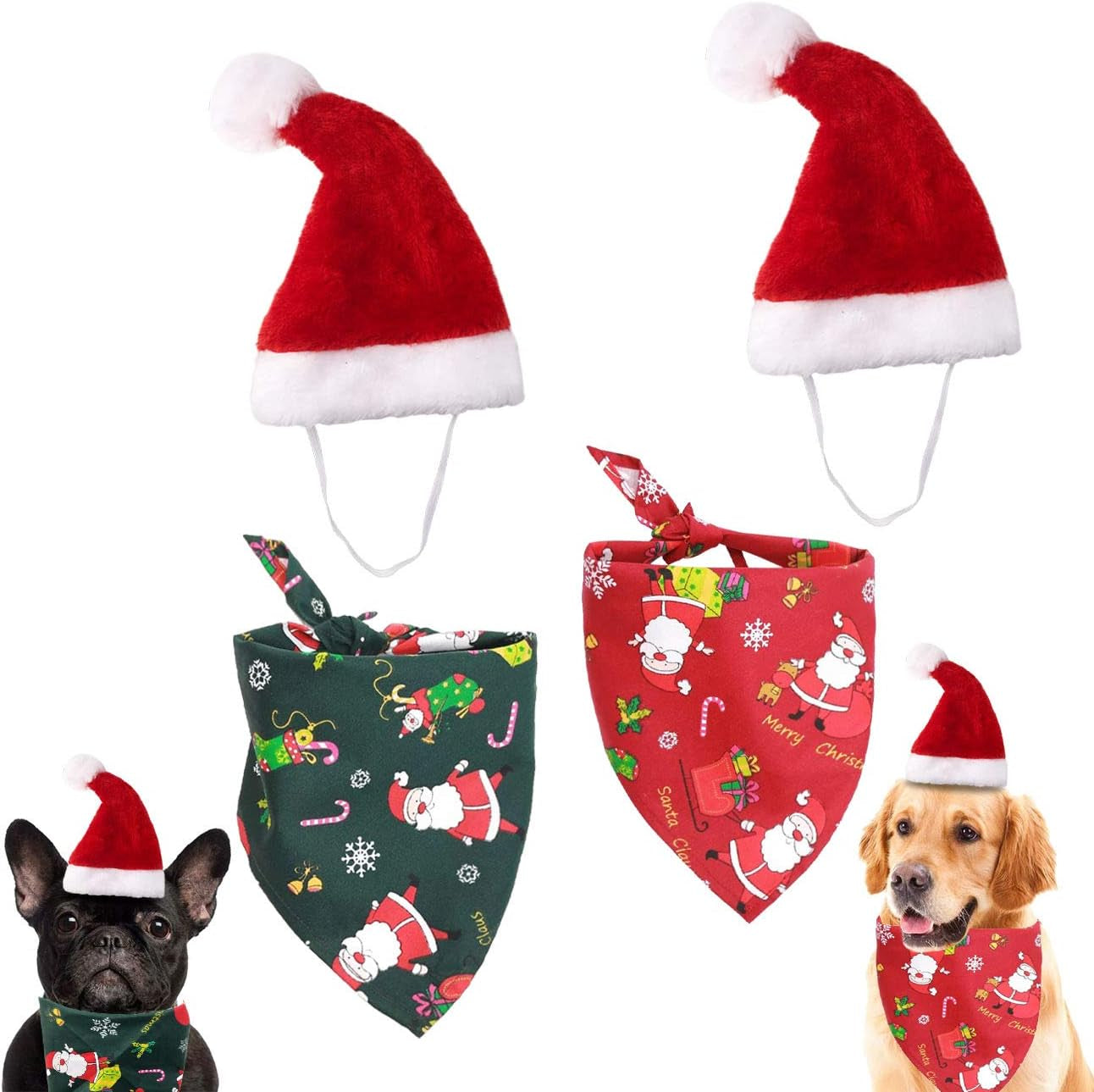 Merry Christmas Dog Bandana & Reversible Triangle Bib | Adjustable Santa Hat Scarf for Dogs – Green & Red Holiday Pet Clothes