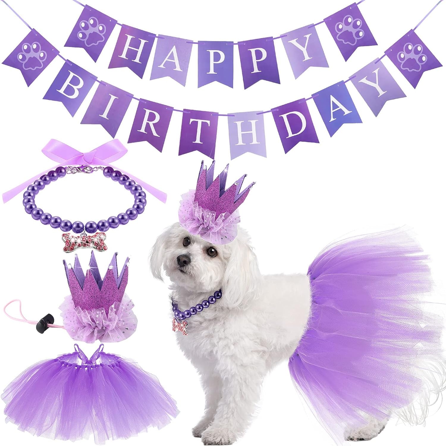 🎉🐾 Pet Birthday Outfit Set for Dogs & Cats 🎂💖 4-Piece Party Costume Includes Tutu Skirt 🎀 Crown Hat 👑 Pearl Necklace 💎  Birthday Banner 🎈 Adjustable & Adorable Pet Party Accessories for Small & Medium Breeds 🐶🐱 Perfect Gift for Any Celebration ✨