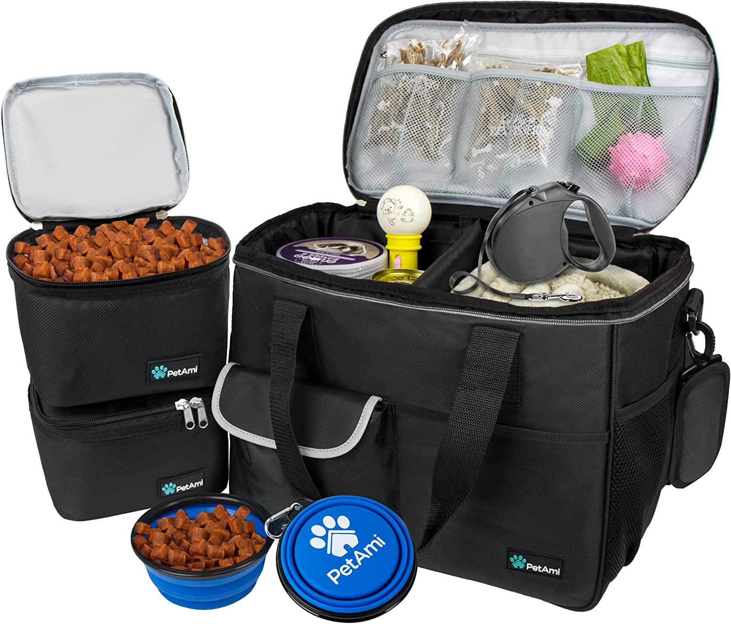 Dog Travel Bag Organizer – Pet Travel Set with Food Container & Bowls, Weekend Camping Supplies