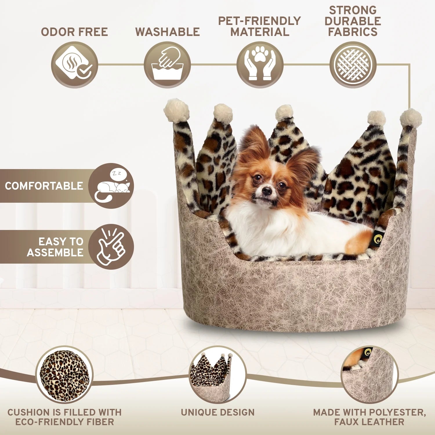 Royal Leopard Crown Pet Bed – Premium Plush Bed for Small Dogs & Cats