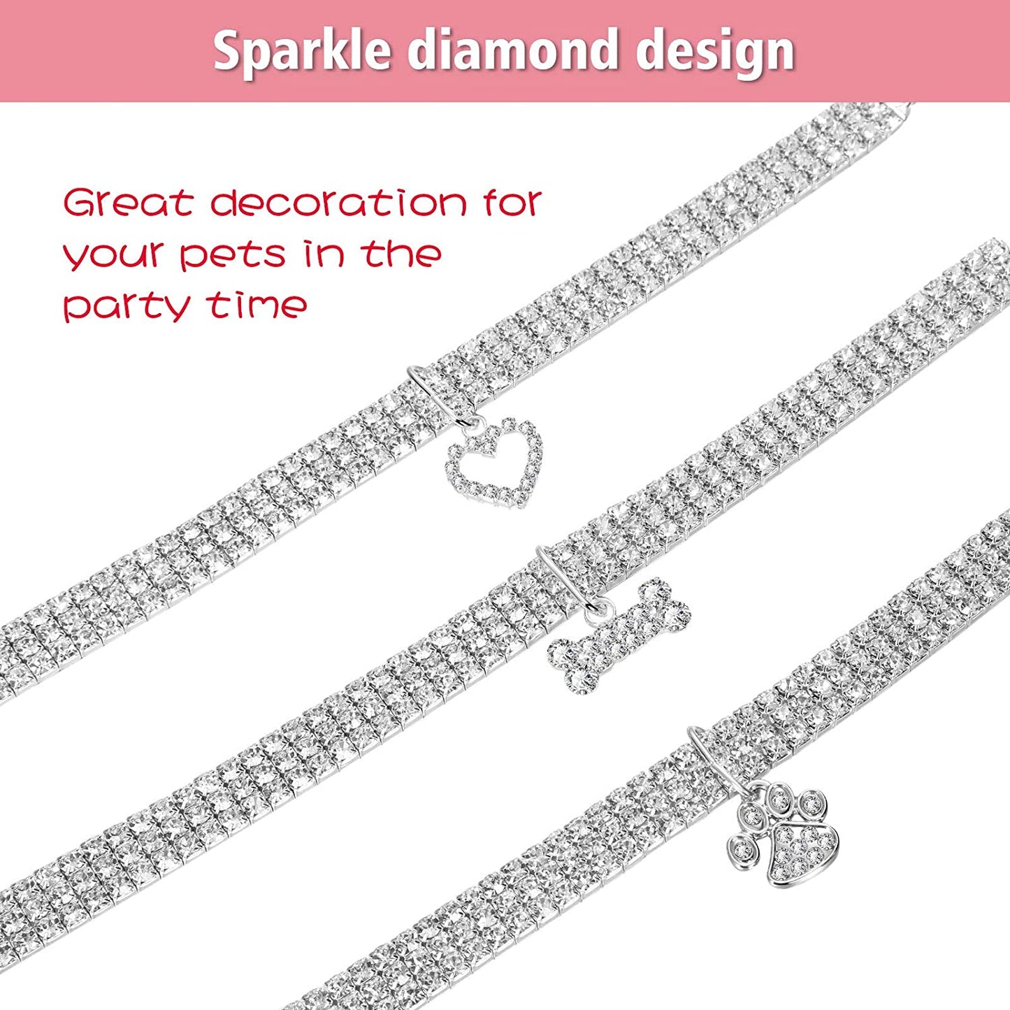 3Pcs Bling Rhinestone Pet Collars – Adjustable Crystal Cat & Dog Collars with Glitter Pendant (White)