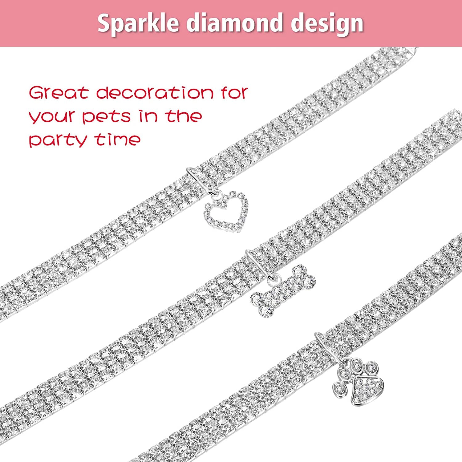 3Pcs Bling Rhinestone Pet Collars – Adjustable Crystal Cat & Dog Collars with Glitter Pendant (White)