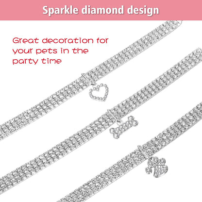 3Pcs Bling Rhinestone Pet Collars – Adjustable Crystal Cat & Dog Collars with Glitter Pendant (White)