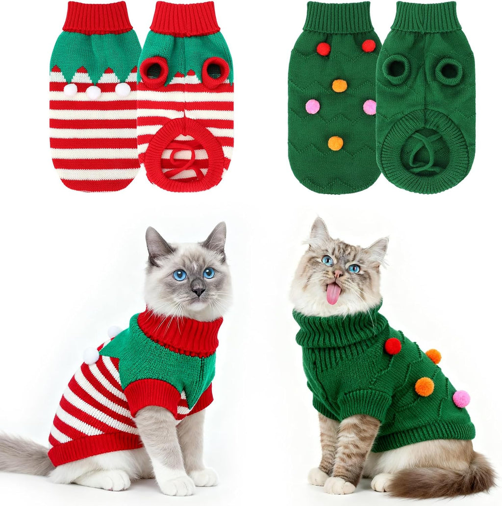 Pet Christmas Sweaters 2 Pack | Cat Sweater Winter Knitwear | Dog Sweater for Small Dogs | Warm Reindeer Snowflake Pet Clothes