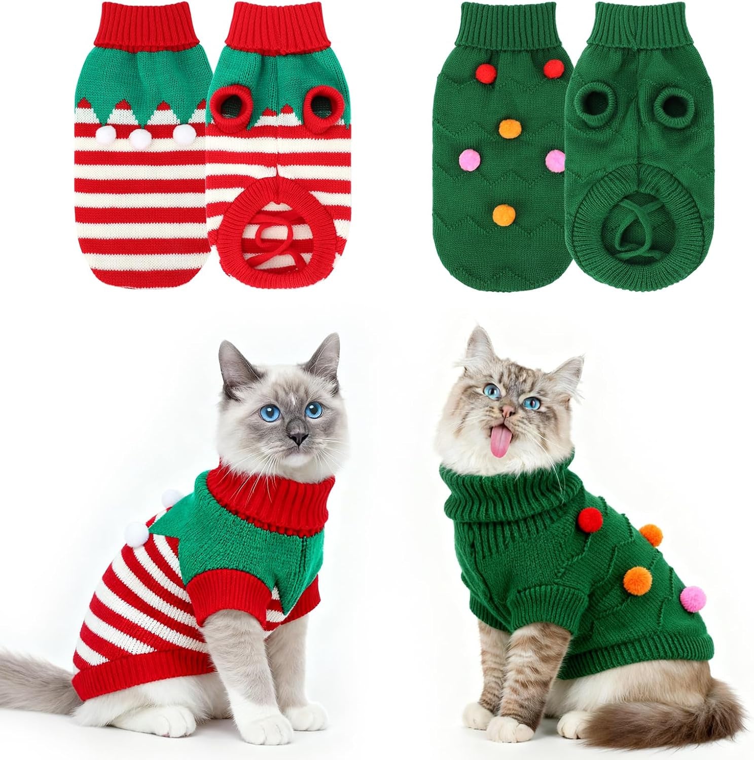 Pet Christmas Sweaters 2 Pack | Cat Sweater Winter Knitwear | Dog Sweater for Small Dogs | Warm Reindeer Snowflake Pet Clothes