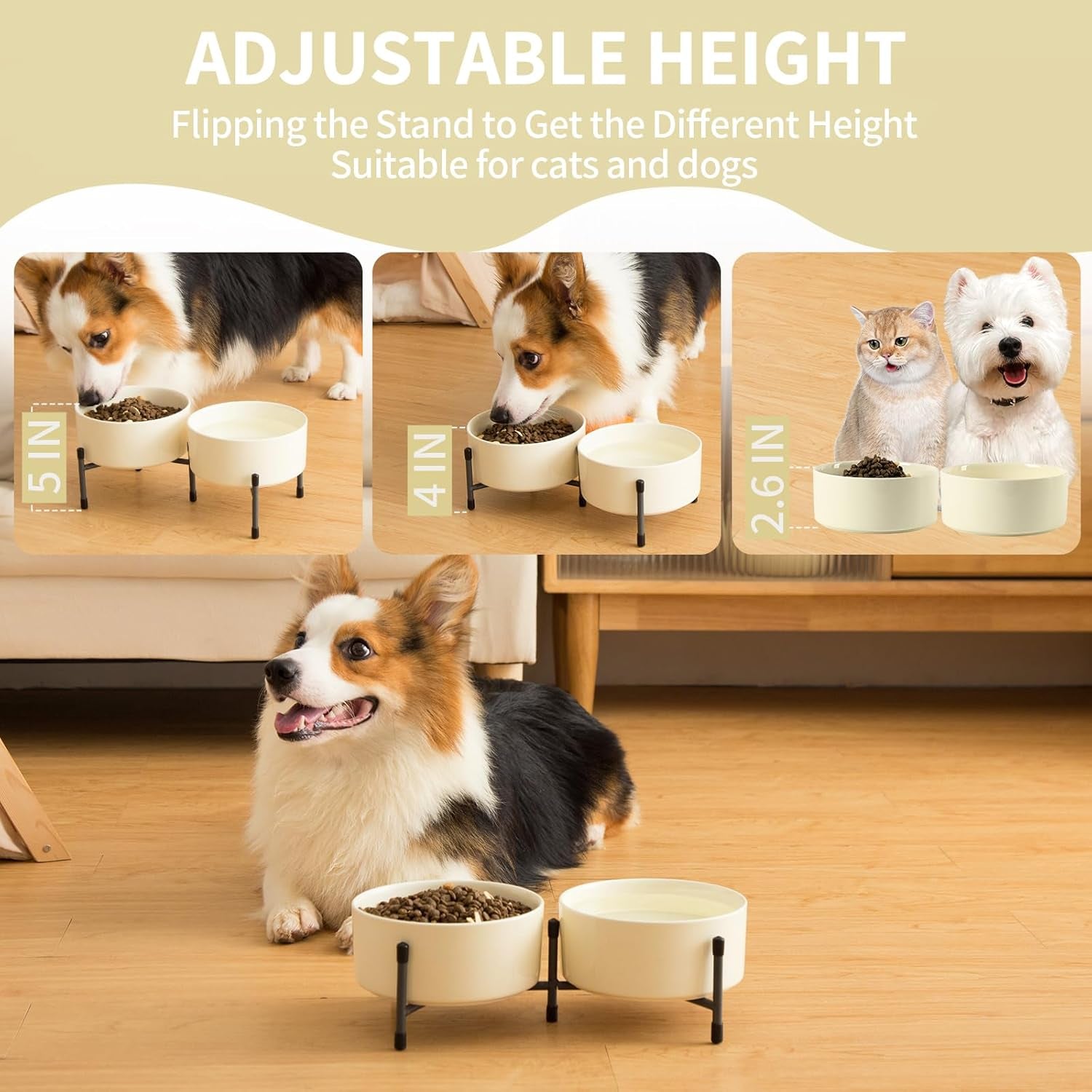 32oz Ceramic Dog & Cat Bowls with Metal Stand – Elevated, Non-Slip Feeding Station (Set of 2)