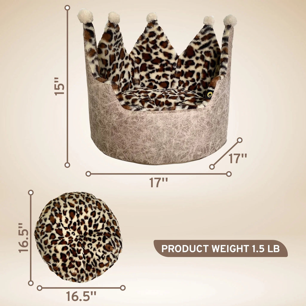 Royal Leopard Crown Pet Bed – Premium Plush Bed for Small Dogs & Cats