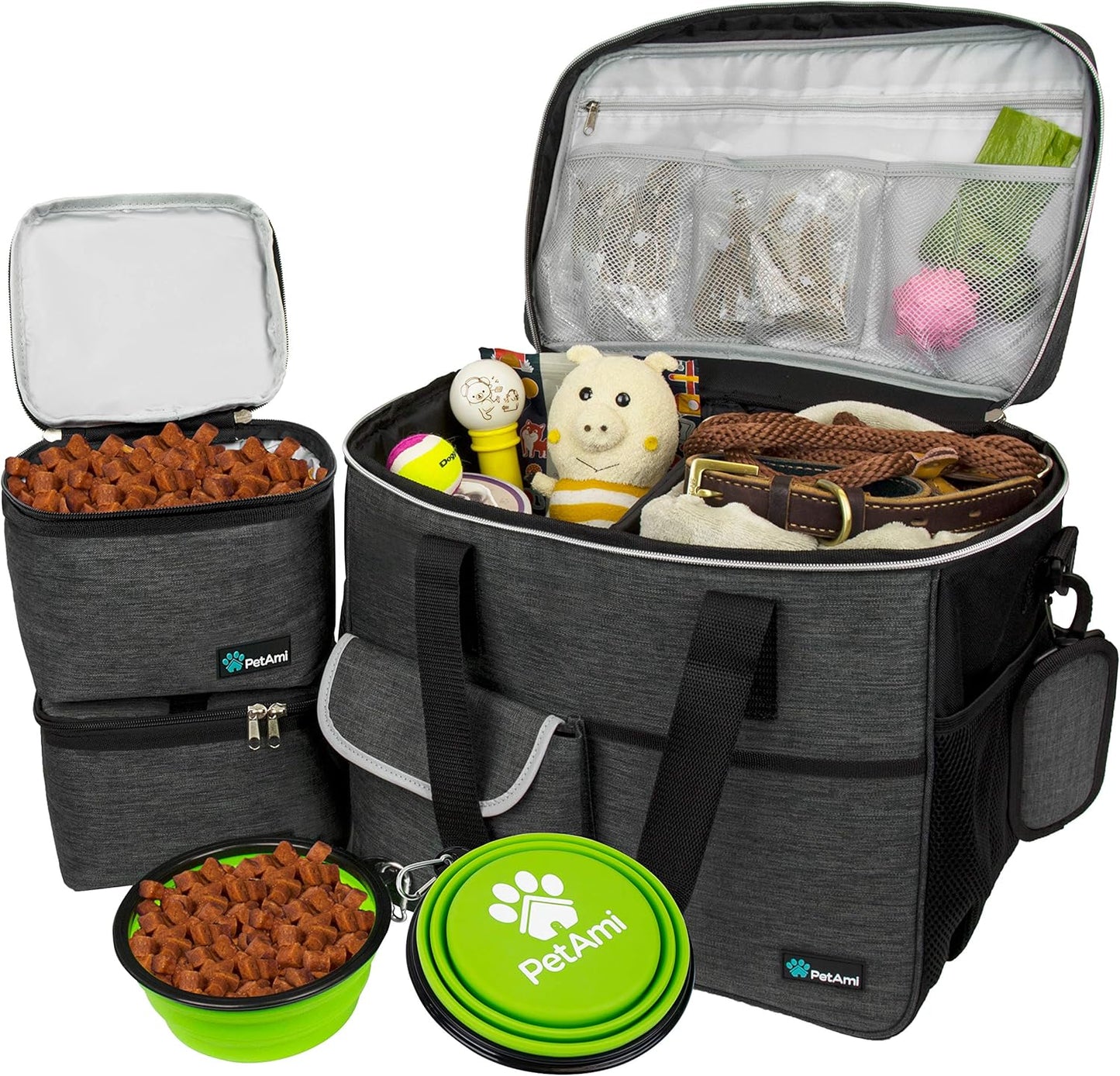 Dog Travel Bag Organizer – Pet Travel Set with Food Container & Bowls, Weekend Camping Supplies
