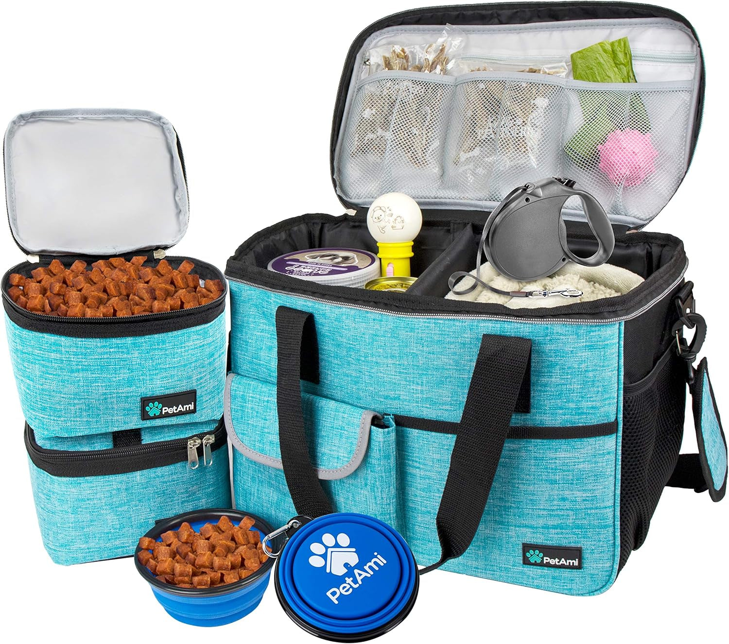 Dog Travel Bag Organizer – Pet Travel Set with Food Container & Bowls, Weekend Camping Supplies