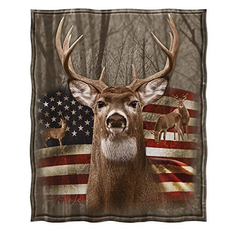 Jekeno Blanket US Flag with Deer Forest Soft Warm Print Throw Blanket Adults