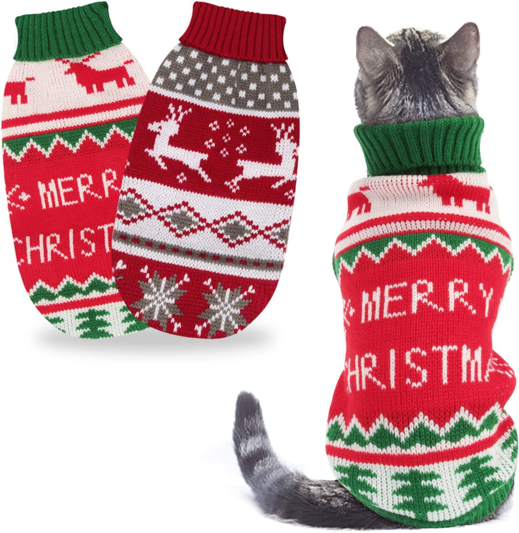Pet Christmas Sweaters 2 Pack | Cat Sweater Winter Knitwear | Dog Sweater for Small Dogs | Warm Reindeer Snowflake Pet Clothes